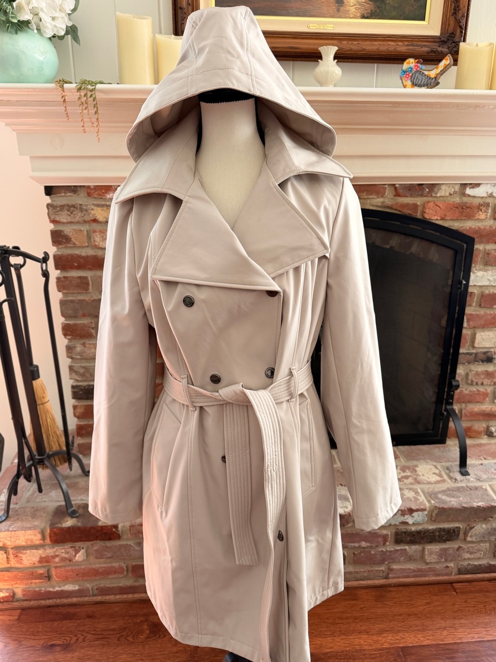 Calvin Klein Beige Trench Coat Hooded Belted Double Breasted Size Large 12/14